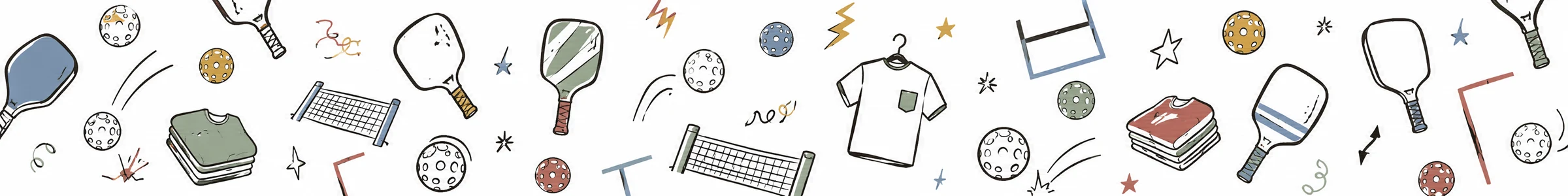 Illustrated pickleball paddles, balls, nets and folded tees