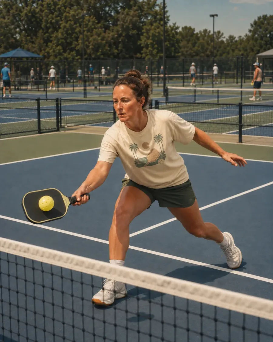 A player lunging to return a shot at the net on a public pickleball court